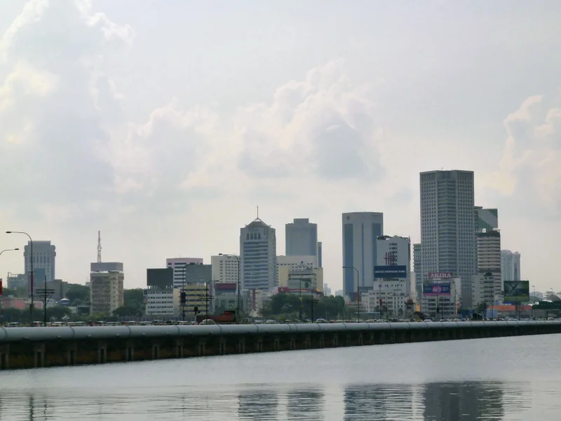 Evening view of an urban waterfront